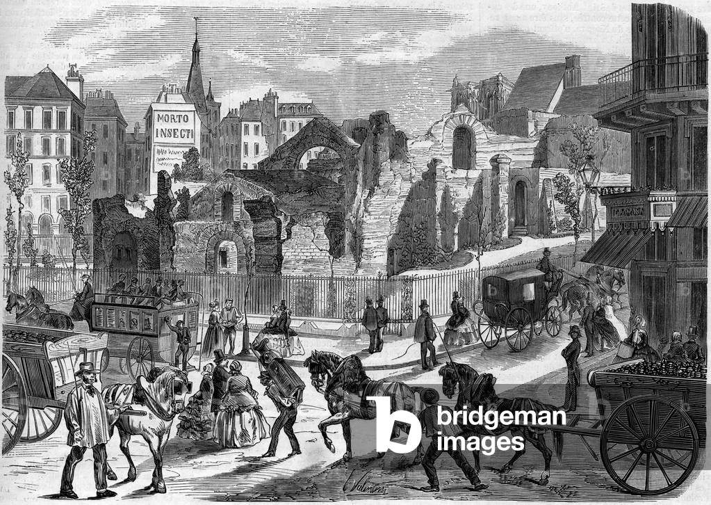 Gallo Romaine architecture, Paris, 1858: ruins of the Palais des Thermes (2nd-3rd century). Engraving in “” Le Monde Illustré”” n°63 of 26 June 1858.
