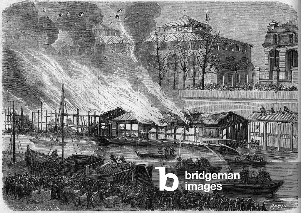 Pompiers tentant d'eteindre l'incendie des bateaux Ecole de natation sur le canal Saint Martin a Paris, le 5 janvier 1864. Gravure in 