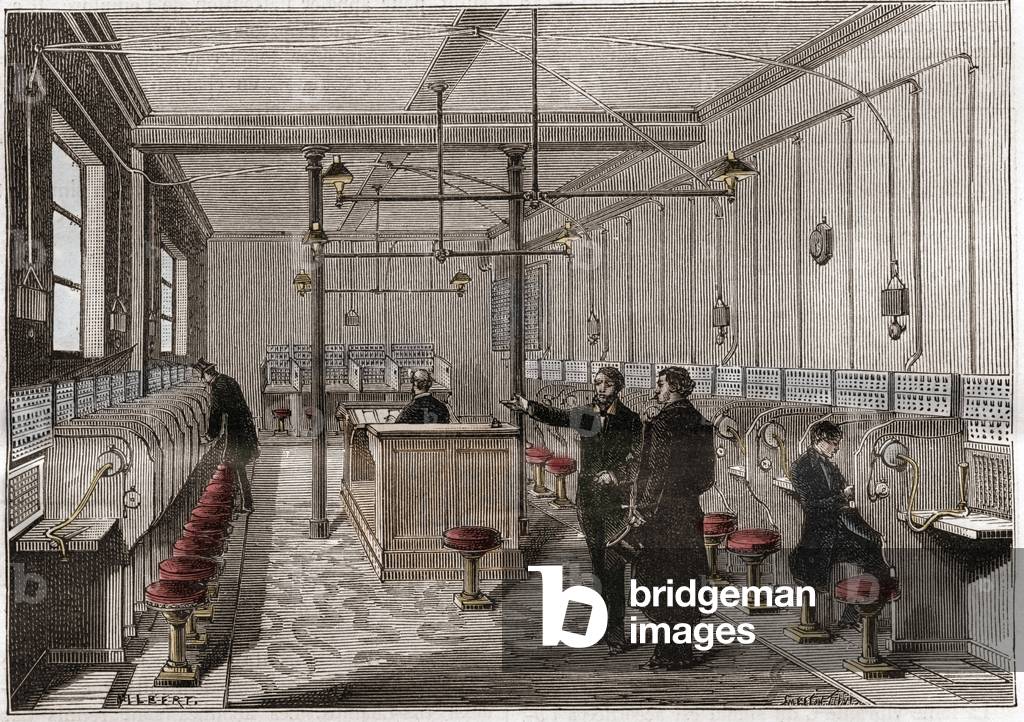 Telephone exchange built according to the Edison Gower-Bell system of telecommunication - first central telephone in Paris in 1879 - system by the American Frederick Gower - engraving in “” La nature”” de 1880