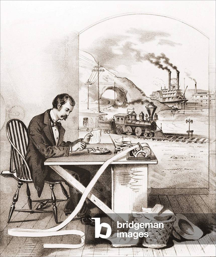 Progress of the Century (19th century): Morse Telegraphy, Dawn Boat, Train, etc. Engraving of the 19th century.