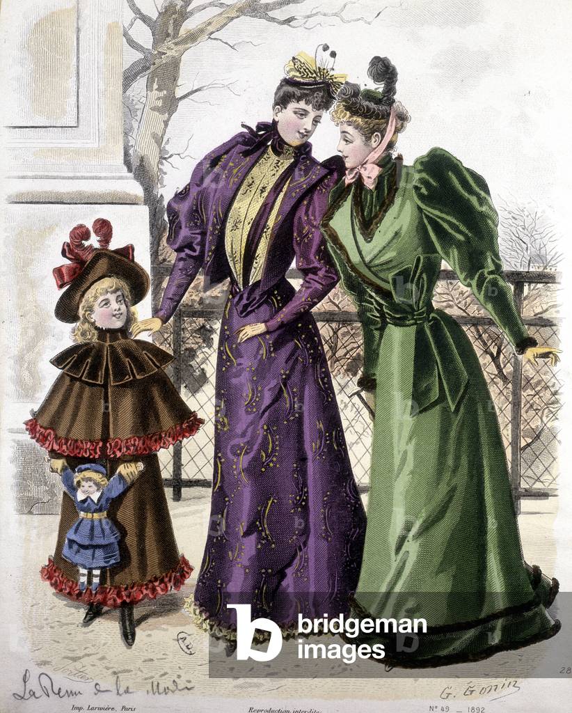 Fashion: 2 women and a girl holding a doll. 1892