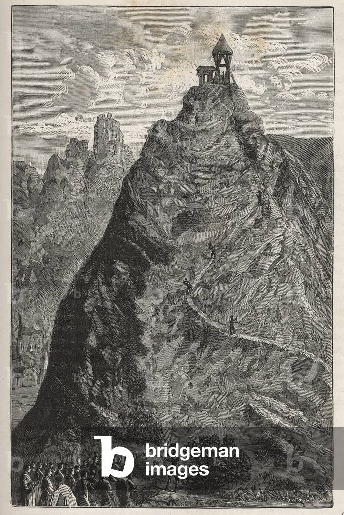 Florin Perier making experiment of Torricelli at summit of the Puy de Dome, september 19, 1648 (atmospheric pressure, barometer) - Florin Perier measuring the height of the Barometre (mercury tube) by Evangelista Torricelli or Toricelli during the experiment on the gravity of the air by Blaise Pascal, at the summit of Puy de Dome (1648) - Engraving in “Sciences” put a the reach of all - popular physics and chemistry”” by Alexis Clerc. Late 19th century. Private collection.