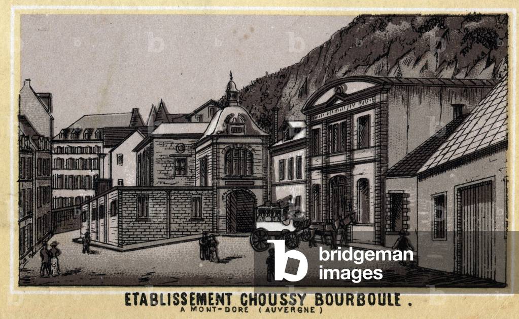 Thermal establishments of Choussy a Bourboule in the Monts Dore massif, in the department of Puy-de-Dome in Auvergne. Chromolithography of the late 19th century.