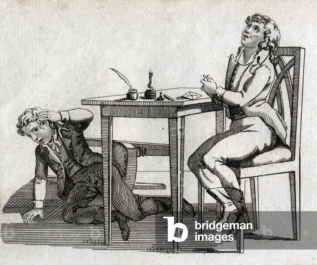 Schoolers have a table with inkcrib. Engraving late 18th century. Private collection.