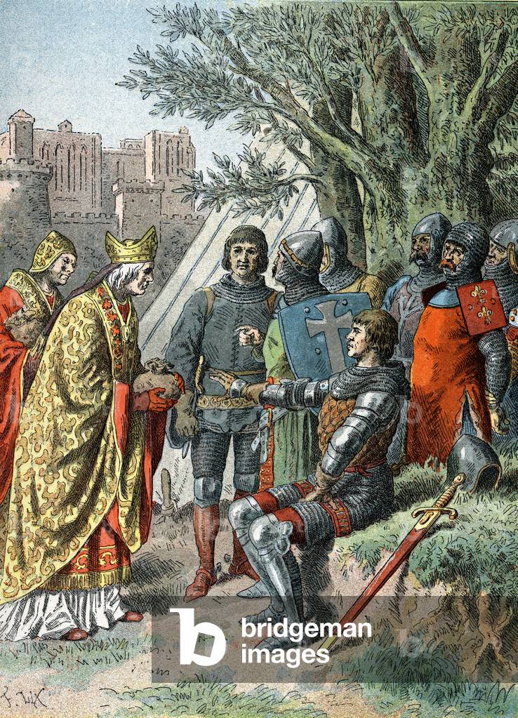 Bertrand du Guesclin and the Legate of the Pope, circa 1365 (litho)