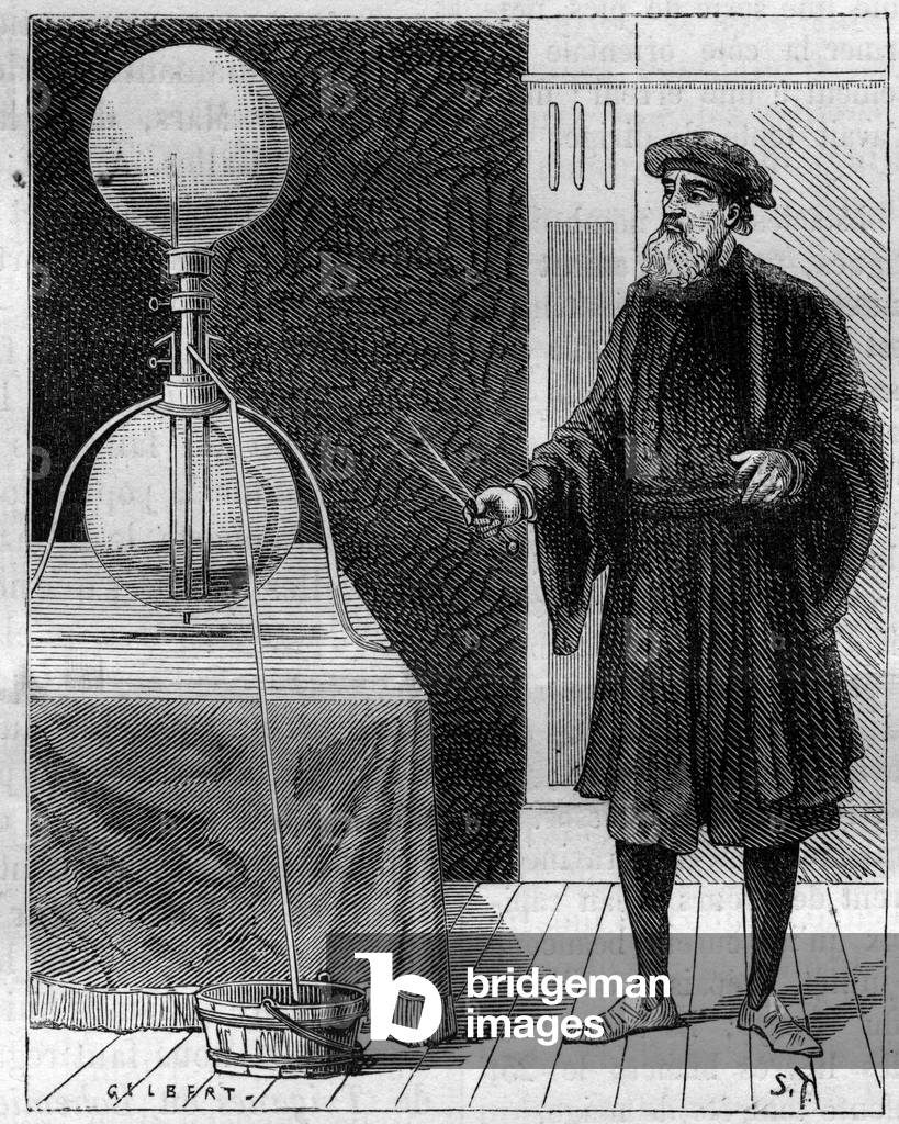 Hydraulic invention: Hydraulico-pneumatic machine (pneumatic hydraulico). Engraving in “” La Nature””, 1878. Private collection.
