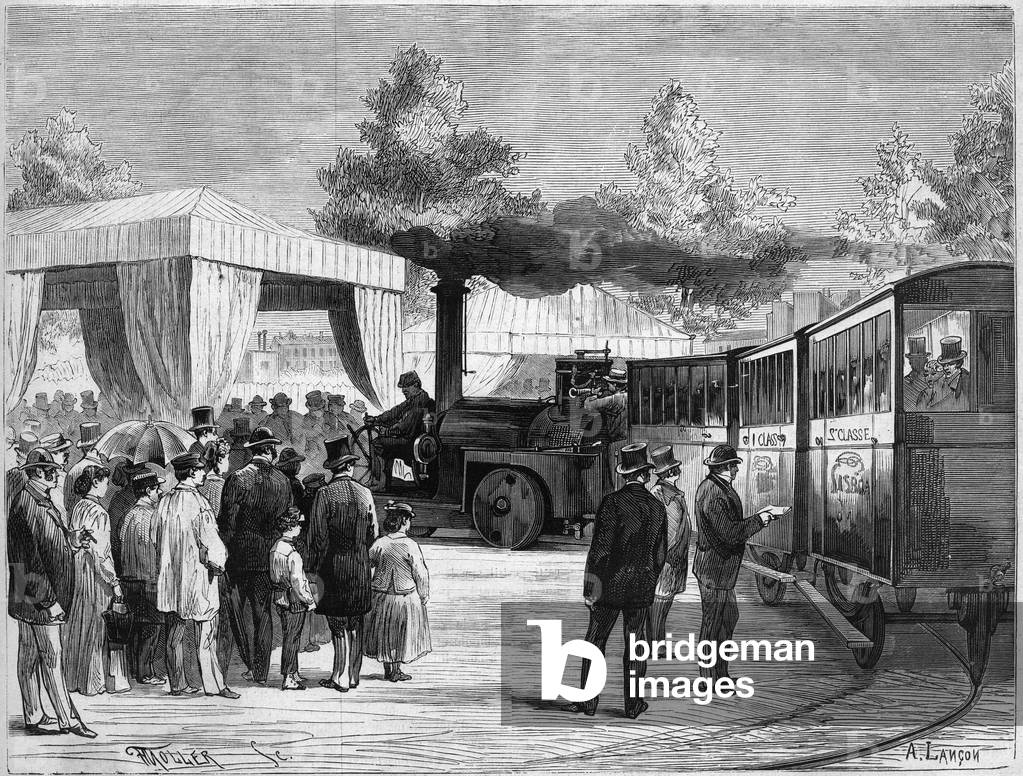 The French inventor Larmanjat driving one of his “tramways” during an essay conducted at the Trocadero in Paris on August 8, 1872. Engraving in “” Le Monde Illustré”” n°801 of 17 August 1872.