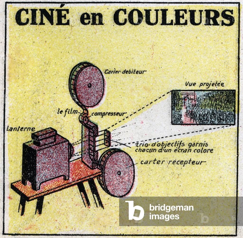 Cinematographer: a device invented by Leon Gaumont and uses to project films in color. 1925 (print)