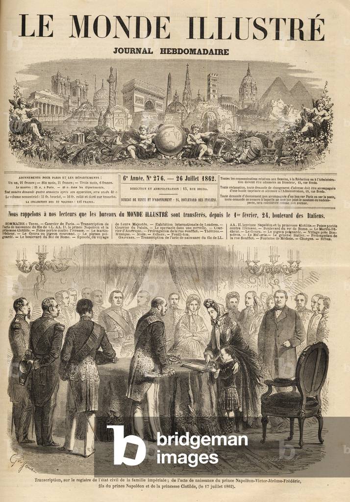 Napoleon Victor Jerome Frederic Bonaparte, known as Victor Napoleon “” Prince Napoleon “” (1862-1926) - Transcript of the birth certificate of Prince Napoleon victor Jerome Frederic, son of Prince Napoleon and Princess Clotilde 1862 - Engraving from 'The Illustrous World” 1862