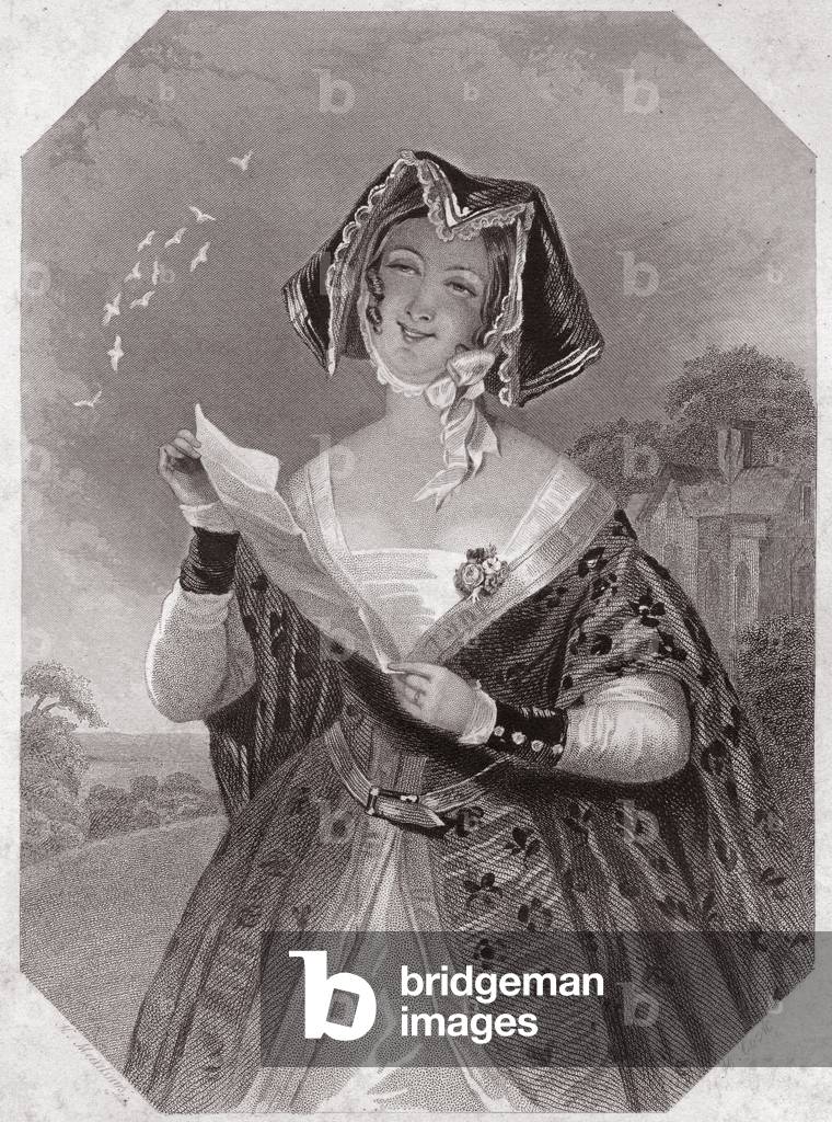 Mistress Ford (The Merry Wives of Windsor) in - “” Shakespeare Women's Gallery, collection of forty-five serious portraits by early London artists, enriched with critical and literary records””” circa 1838 - from “” Gallery of the women of Shakespeare, Collection of forty five portraits engraved by the first artists of London, enriched by critical and literary notes”, circa 1838