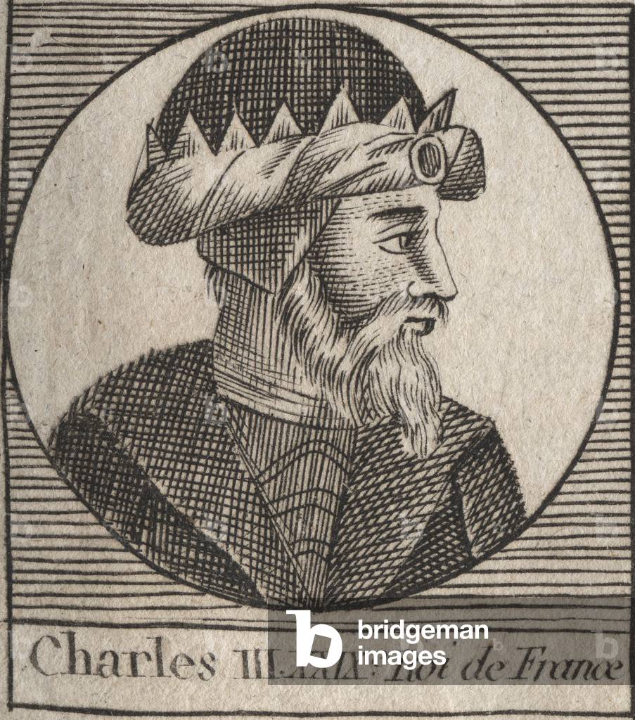 Portrait of Charles III says the Simple (879-929) king of the Francs - CHARLES III (879-929) - Charles the Simple - King of France, 893-923 - engraving from “Instruction sur l'Histoire de France” by Charles Constant Le Tellier 1821