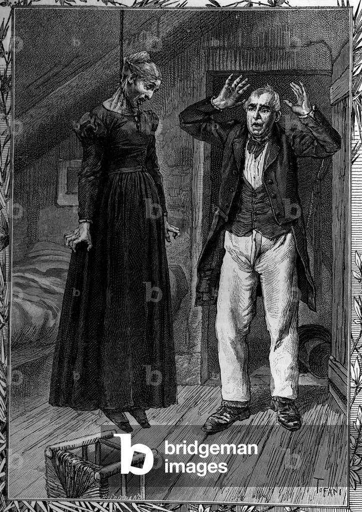 Deshonoree by poverty, a woman suicide in her room, to the great disgrace of her neighbor. Engraving in the illustrious journal “” La jeunesse””, 1887.