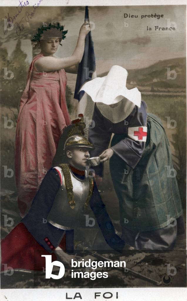 Faith in the Fatherland “” God protects France””: allegory of France with the tricolor flag looking at a nurse wearing the red cross armband giving care to a French soldier who stood up during the war of 1870 against Prussia. Colour postcard 19th century.
