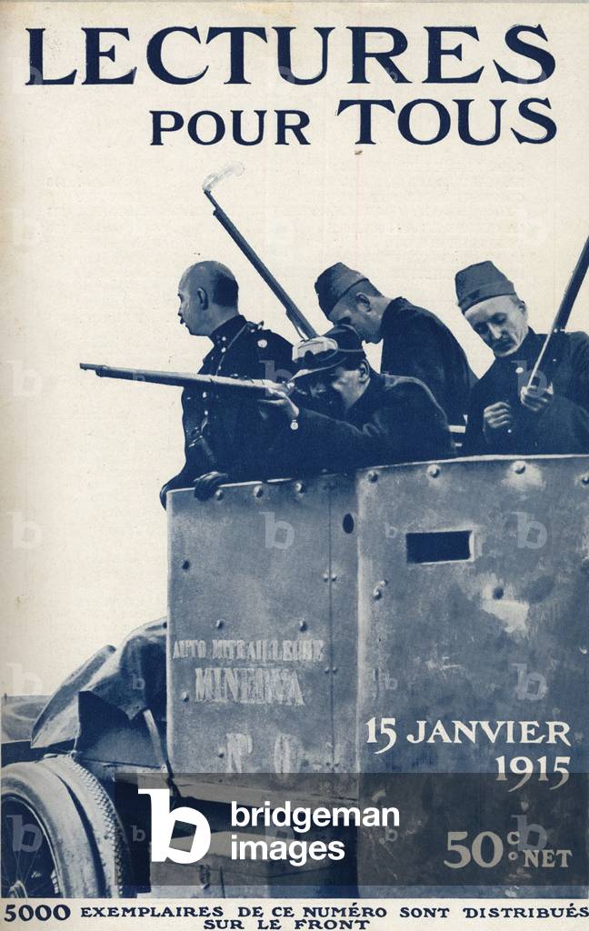 First World War: soldiers in a Minerva self-gun firing rifle shots. One of the newspaper “Lectures pour tous”” of January 15, 1915.