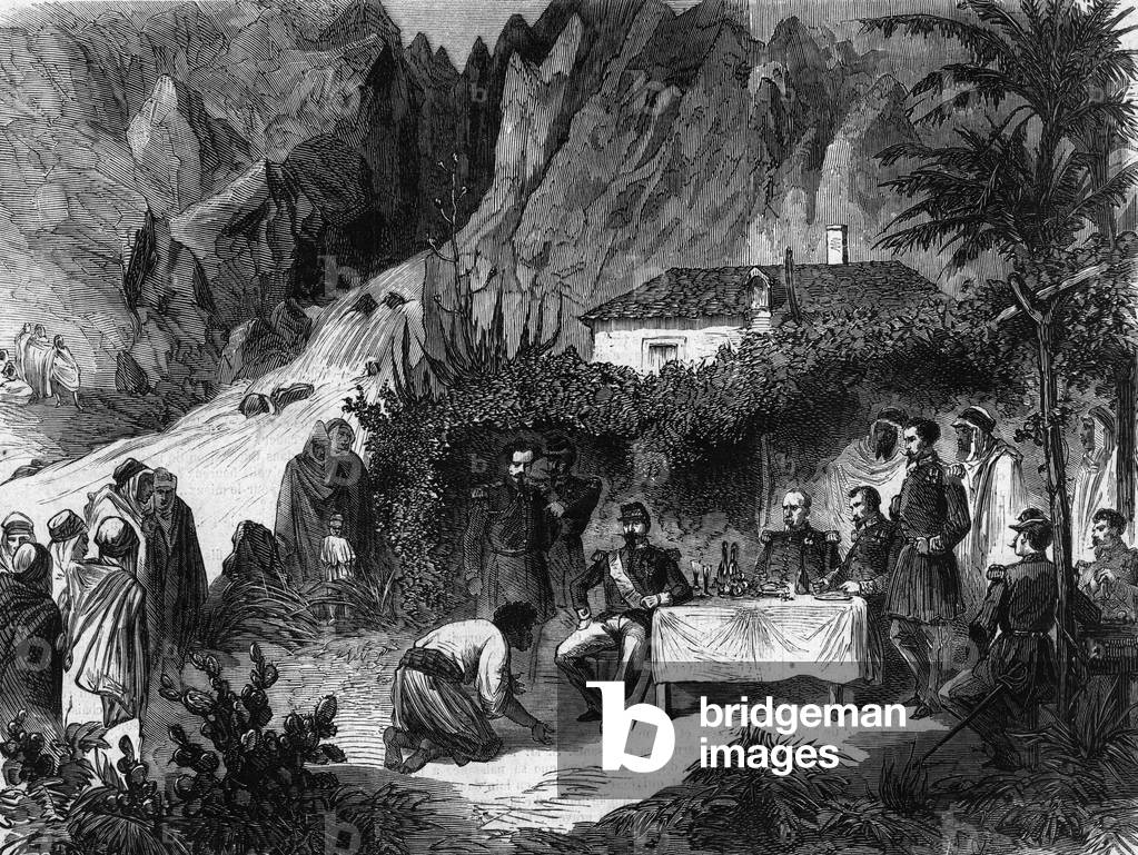 Journey of Napoleon III, Emperor of the French, to Algeria. September 1860. Napoleon III lunch at the creek of the monkeys receives Barka. Engraving from 1865.