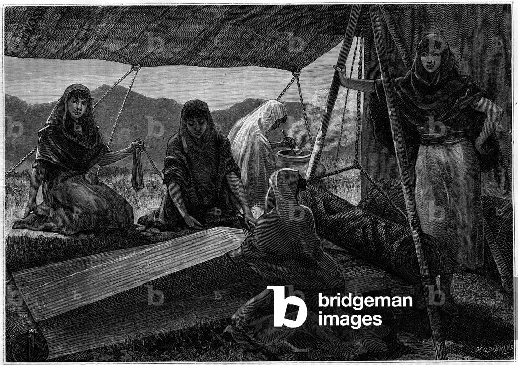 The manufacture of carpets by nomadic women of Persia. Engraving in the journal “” La jeunesse””, 1886.