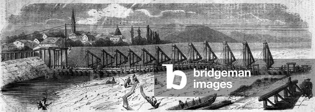 Meteorological phenomene: desiccation of the Rhine in 1858. View of the Kehl Bridge (Germany), taken downstream of the French coast. Engraving in “” Le Monde Illustré”” n°50 of 27 March 1858.