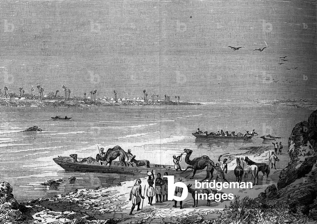 Lake Niger in the city of Sai, Africa. Engraving in “Le Journal de la jeunesse””, 1890.