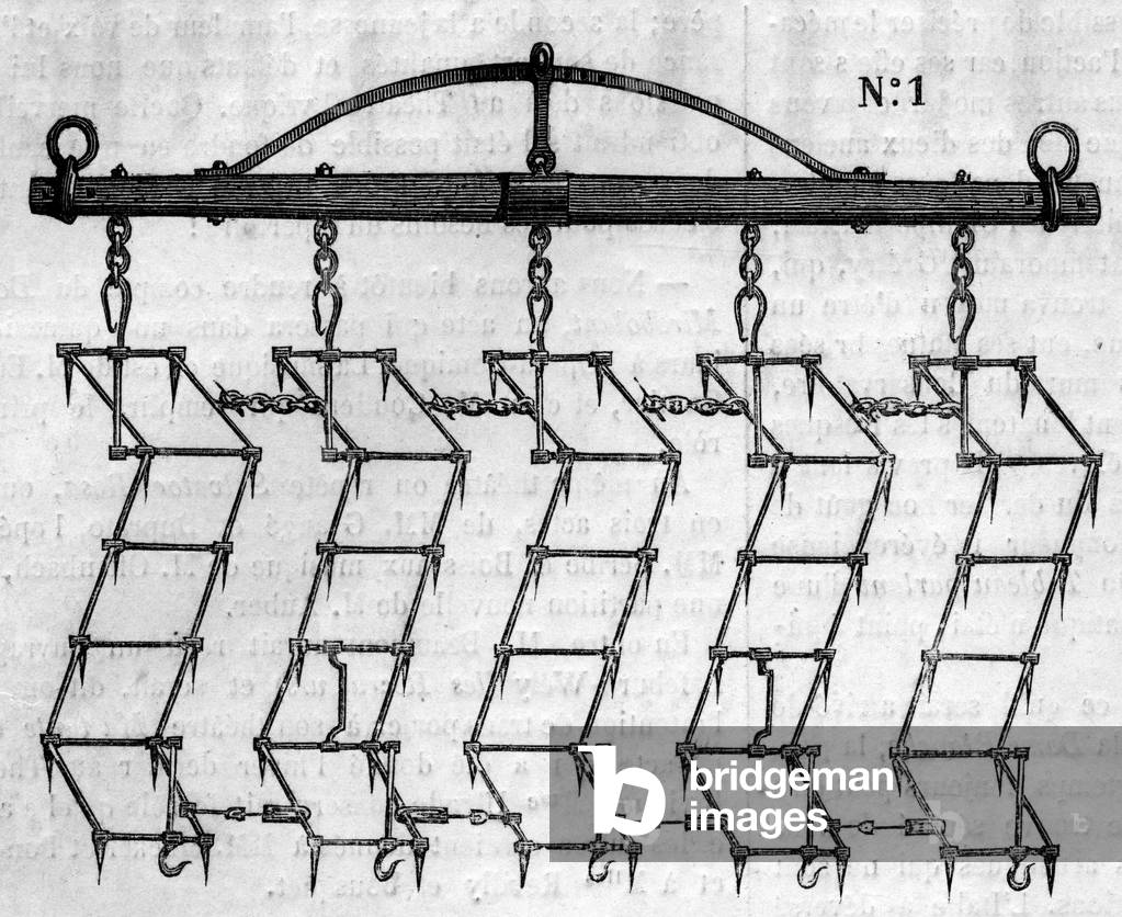 Agricultural machine: an articulee harrow, 1860. Engraving in “” Le Monde Illustré”” n°175 of 18 August 1860.