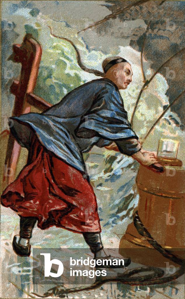 Invention of the Chinese compa: Chinese navigator using the compa on his boat. The first use of the compas as a navigational instrument on Chinese ships dates from the end of the 10th century. Chromolithography of the 19th century.