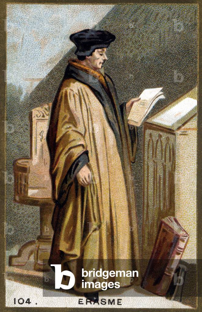 Portrait of Didier Erasme (1469-1536), Dutch humanist. 19th century chromolithography.