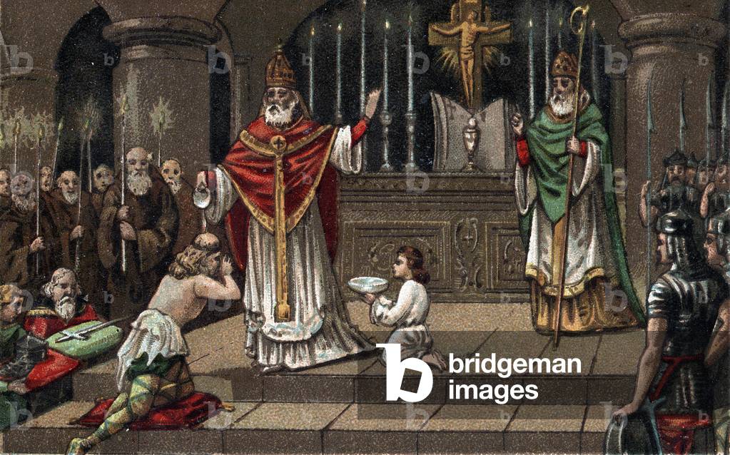 Conversion of Widukind or Witikind before Charlemagne in 785. Chromolithography of the late 19th century.