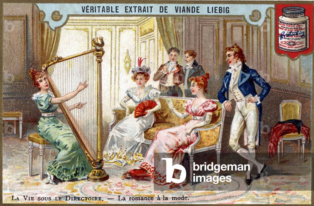 Life under the management board: romance in fashion. Chromo Liebig from the end of the 19th century.