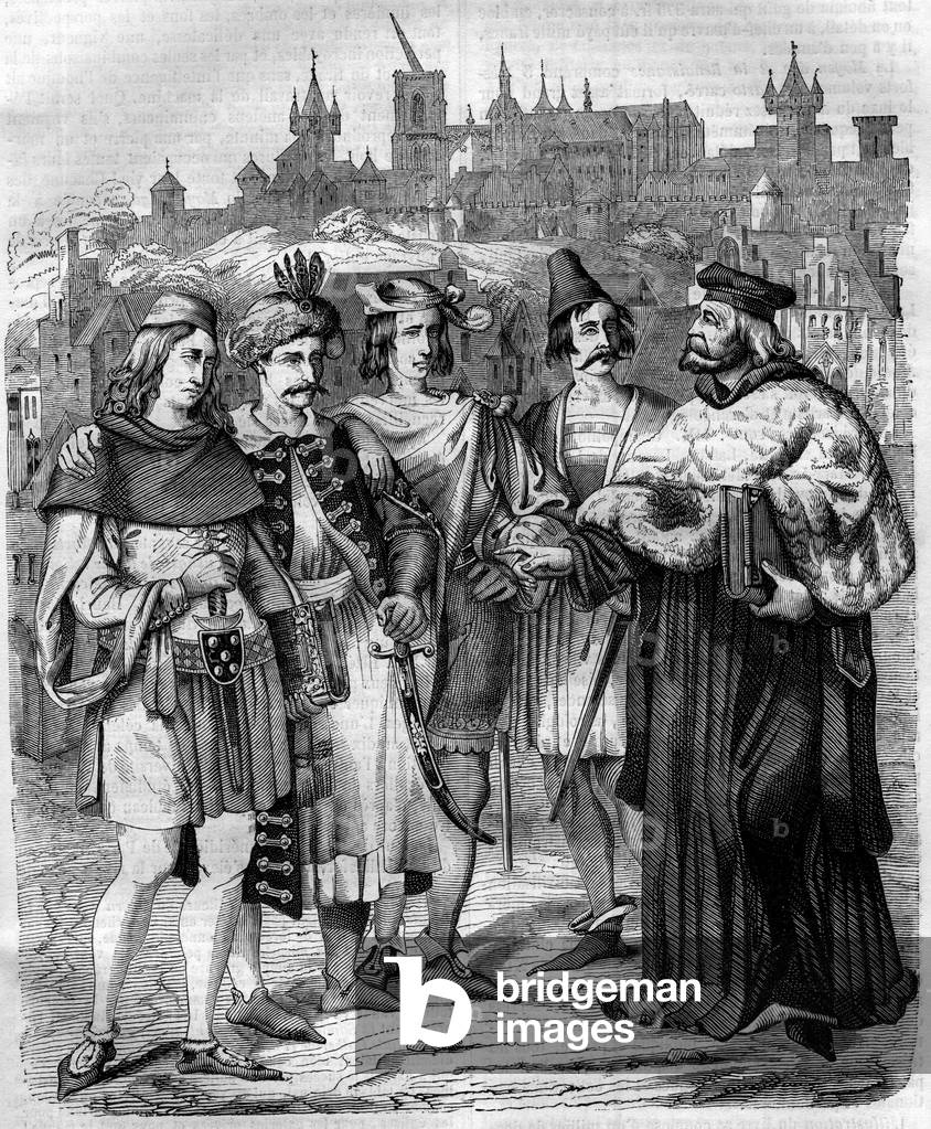 Rector and students of various nations at the University of Prague in the 17th century. Engraving from 1852.