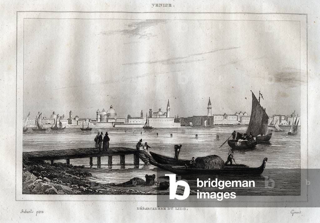 Landing stage of Lido of Venice - Engraving from “” Picturesque Italy”” by M. de Norvins, Ch. Nodier 1834-1836.