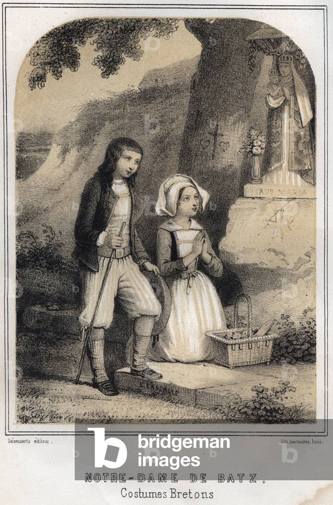 Breton Costumes - Notre-Dame de Batz - engraving in “THE SOURIES DE MON UNCLE MEMORIES ET RECITTS DE Voyages” by MORING MICHEL - End 19th century