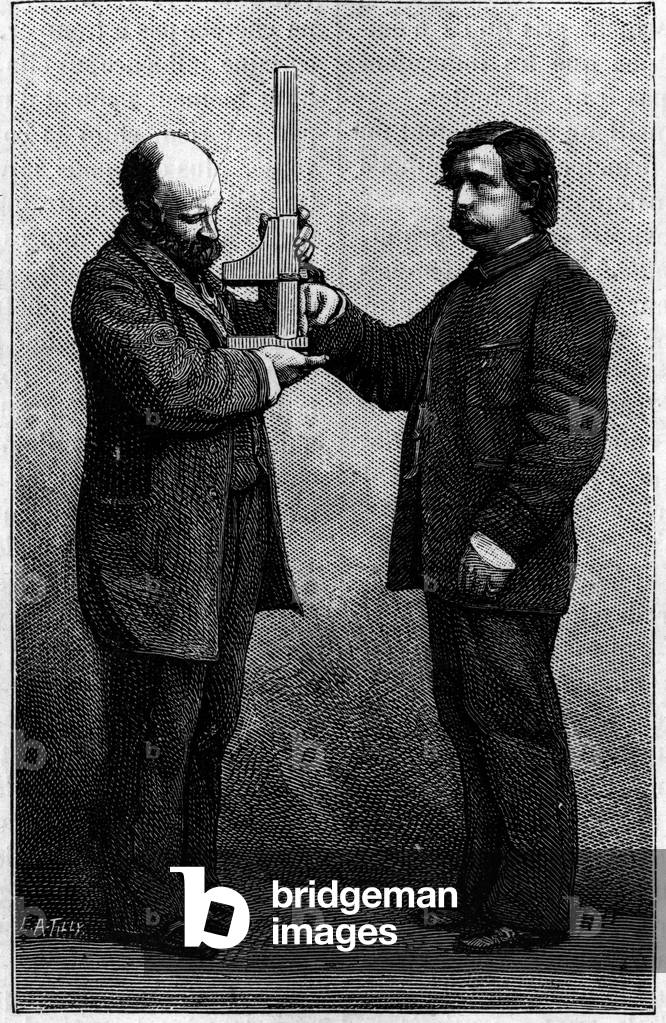 Method of identification of the font: measurement of the middle finger by means of a sliding compasse. Engraving in “La Nature: revue des sciences et de leurs applications aux arts et a l'industrie”” of 25 August 1883.