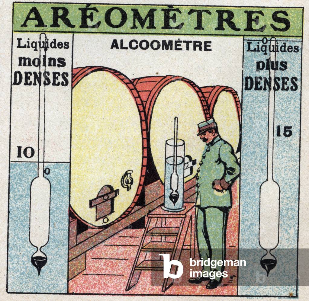 Liquid balance: measures the density of an alcohol with an alcoholometer (an aerometer uses for alcohol). Anonymous illustration from 1925. Private collection.