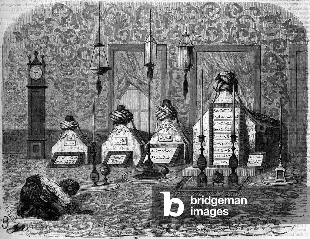 Muslim funeral art: turbs (tombs) of turblating dervishes. Scutari, Turkey, 1858. Engraving in “” Le Monde Illustré”” n°50 of 27 March 1858.