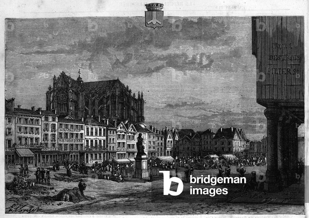 View of the city of Beauvais in the Oise. Engraving from 1880 in “La republique illustree”” private collection.