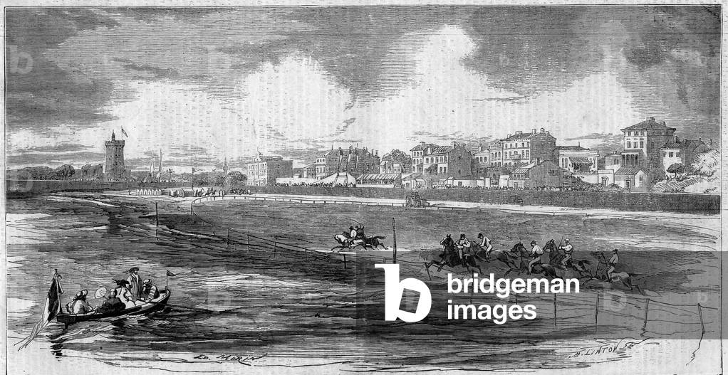 Horse riding: horse race on the beach of Sables d'Olonne, Vendee (85), 1859. Engraving in “” Le Monde Illustré”” n°122 of 13 August 1859.