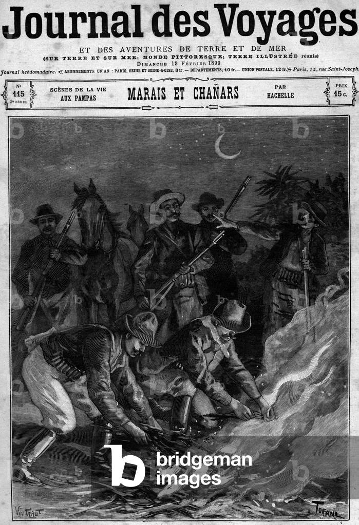 Scene of life at the pampas: maintenance of the campfire, late 19th century. Engraving in “” Journal des Voyages”” of 12 February 1899.