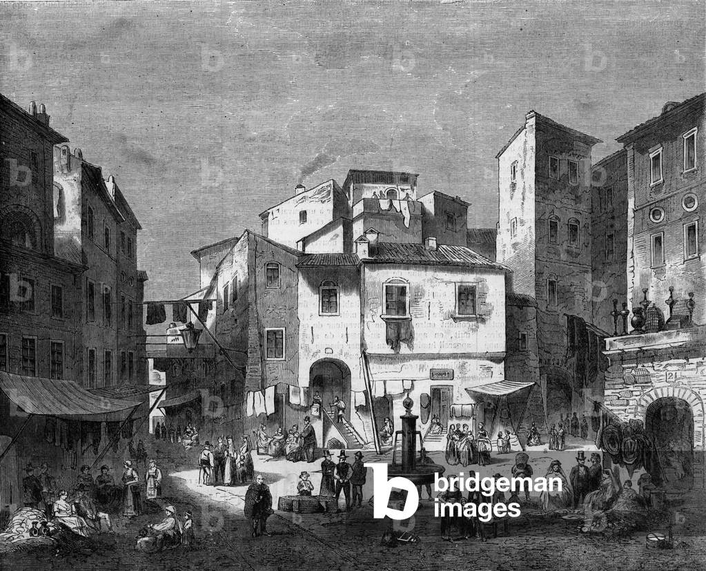 the market square of the ghetto of rome in 1867. drawing by Mr.Jules Zielcke.