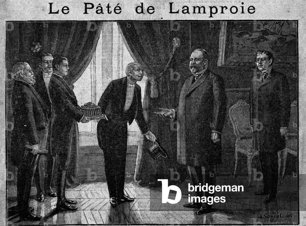 Lamprey paste: the city of Glocester offers the king a lamprey paste every year, c.1905-08 (print)