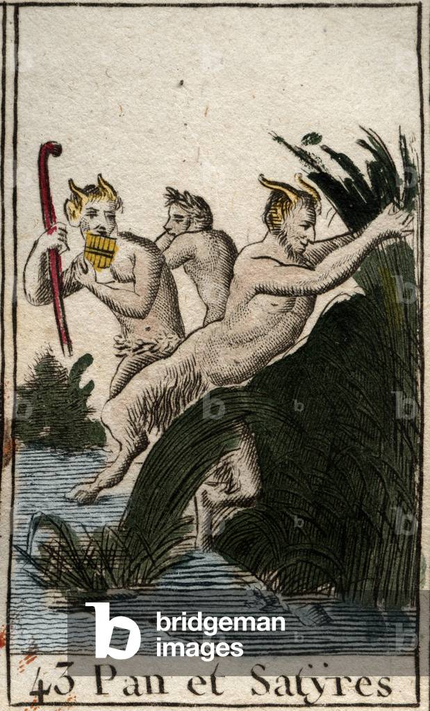 Representation of the country god Pan and satyres. He has hairy thighs, goat feet, and plays flute (Syrinx) has several pipes. (The peasant god Pan, represented with satyrs, he has furry legs and goat feet, he plays syrinx or pan flute) From “Mythologie de la jeunesse “” by Pierre Blanchard 1803.