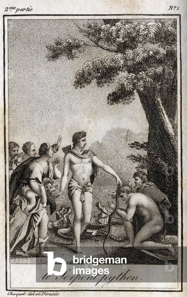 Apollo and the Python snake on Mount Parnassus“Lettres a Emilie sur la mythologie” by Charles Albert Demoustier, 1819 (engraving)