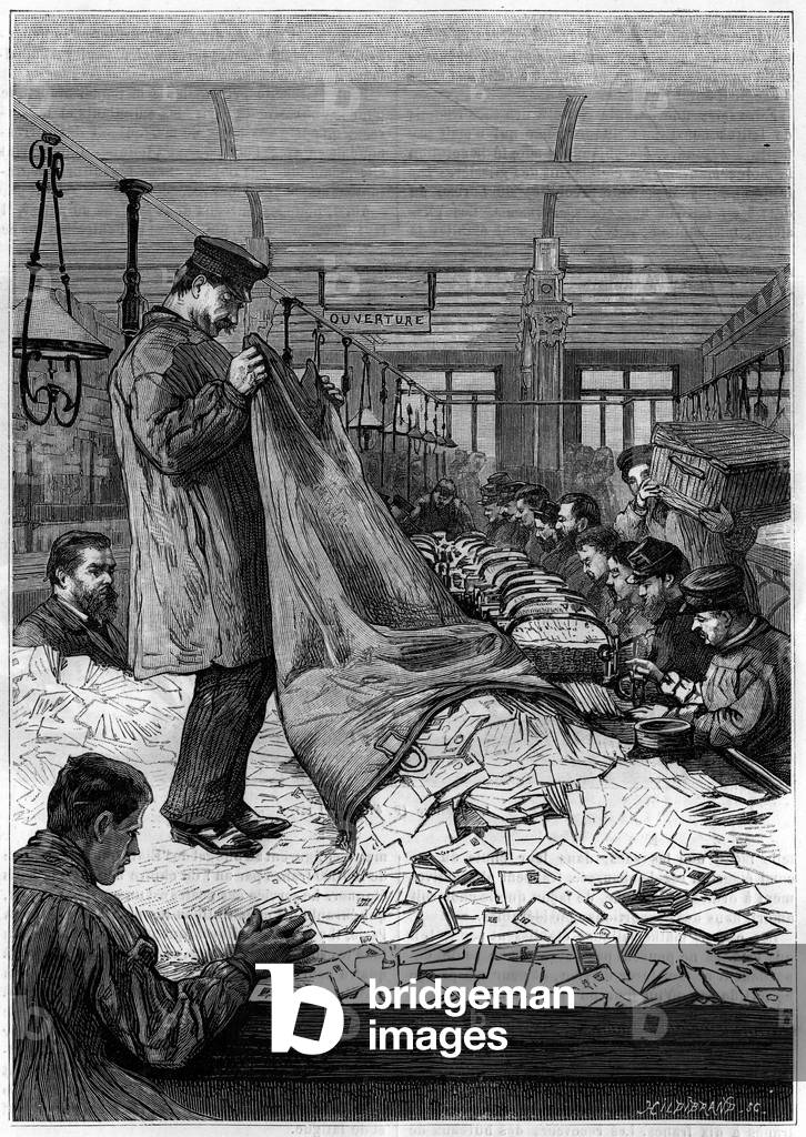 The large tables of letters in the sorting centers of the Hotel des Postes on the Rue du Louvre in Paris. Engraving in the journal “” La jeunesse””, 1886.