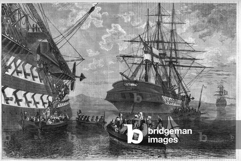Cretan revolt of 1866-1869 (insurrection of the island of Crete against the Ottoman Empire): Cretan families seeking asylum on ships of neutral powers. Engraving in “” L'univers illustrious””, 1867. Private Collection