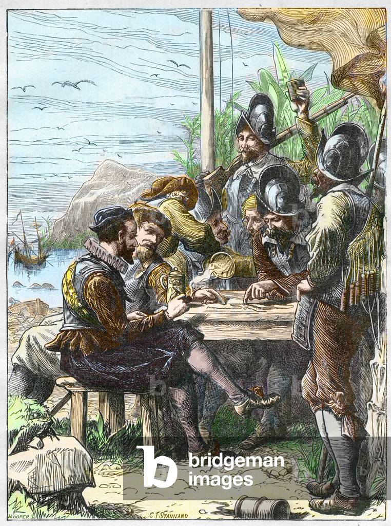 Sir Walter Raleigh at Trinidad, getting Information from the Spanish Soldiers regarding Guiana, 1595. - Expedition by Walter Raleigh (1554-1618) English explorer to Trinidad (island south of the Caribbean), South America, 1595. Colourful engraving of the 19th century.