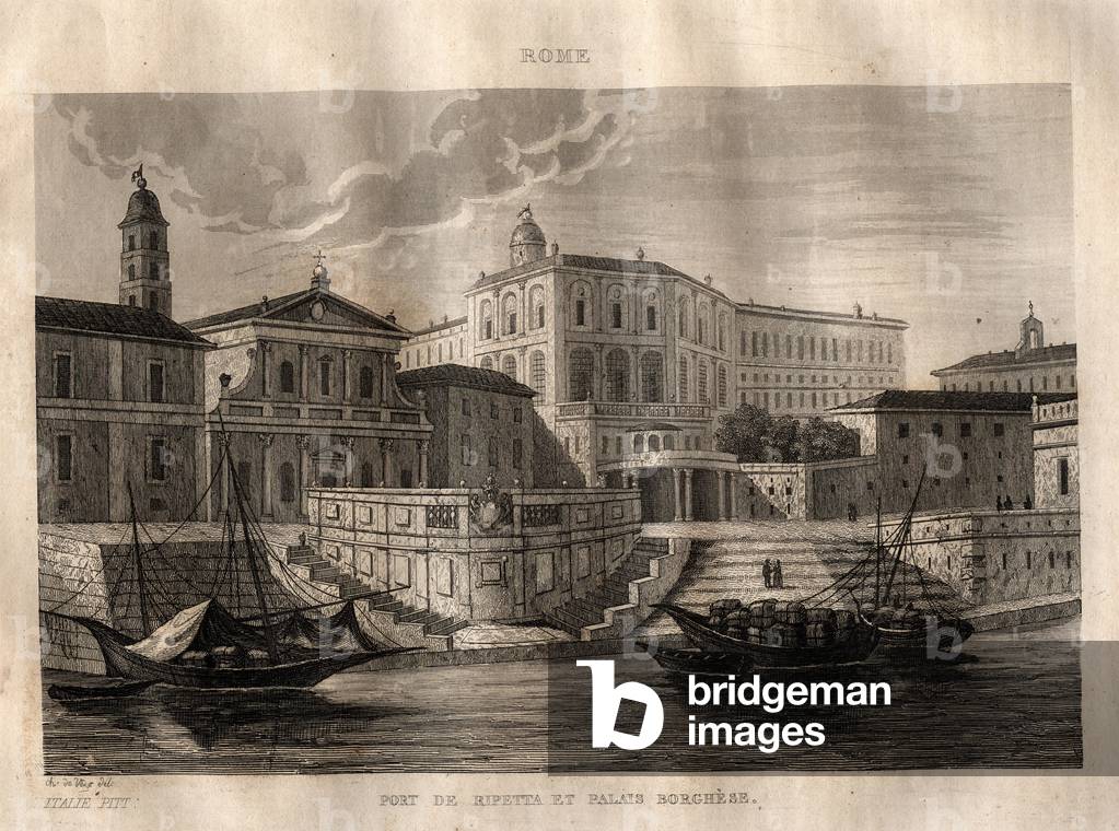 Porto di Ripetta and Palazzo Borghese - Rome - Engraving from “” Picturesque Italy” - Historical and Descriptive Painting of Italy” by M. de Norvins, Ch. Nodier 1834-1836.