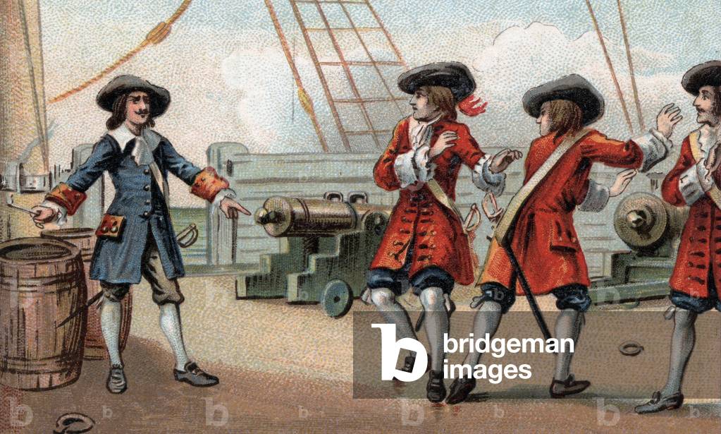 Jean Bart (1650-1702), French naval commander and privateer, threatening to blow up his ship - The privateer Jean Bart (1650-1702) threatens an English privateer who took him prisoner by threatening to blow up his ship by setting fire to a barrel of powder.