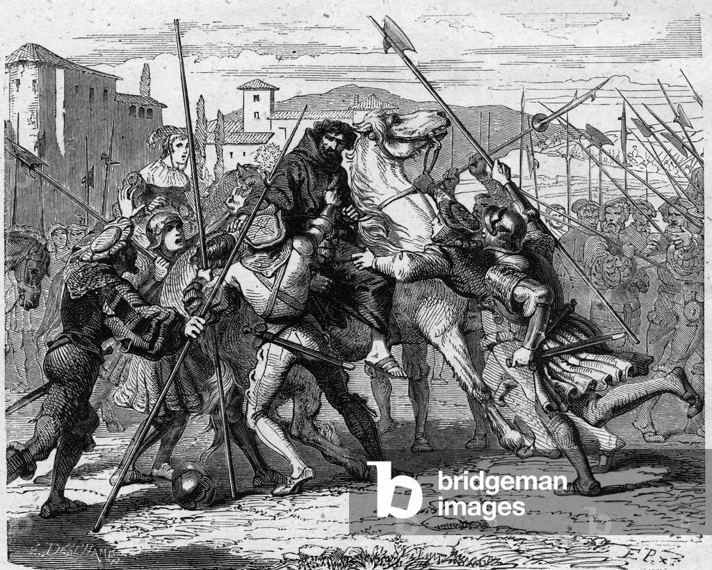 Arrest of Ludovic Marie Sforza dit le More (Ludovico Maria Sforza detto il Moro) (1452-1508) in Milan in 1500 betrayed by Swiss mercenaries, he fell into the hands of the French army. Engraving in “” Histoire De France En Cent Paintings by Paul Lehugeur “” 1891.