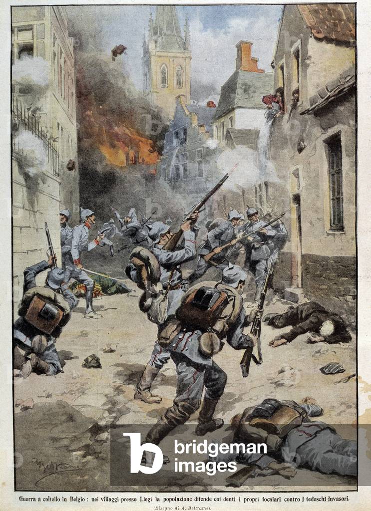 Episode of the War of 1914: in the streets of Liège, the inhabitants fight to the last breath to defend their lives and property from the Germans. “La Domenica del Corriere”, 1914.