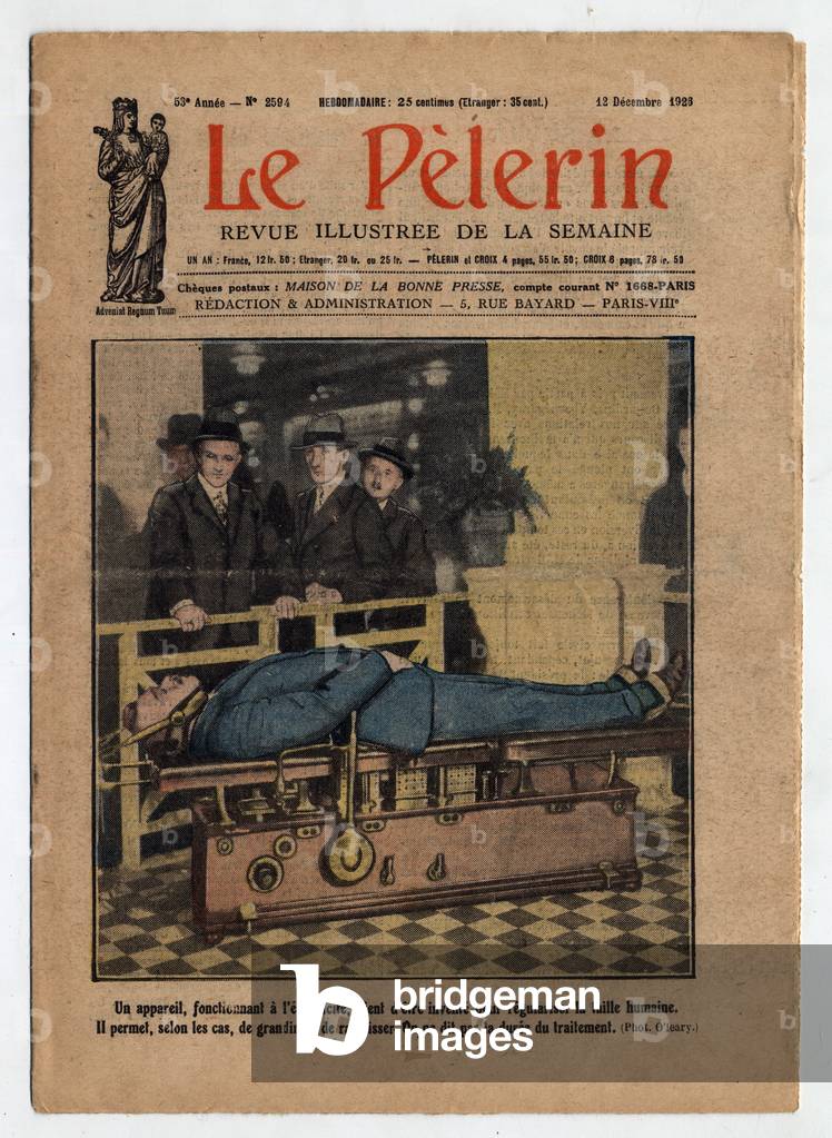 An electricite-powered device has just been invented to regularize human size; it allows, depending on the case, to grow or shrink, 1923 (print)