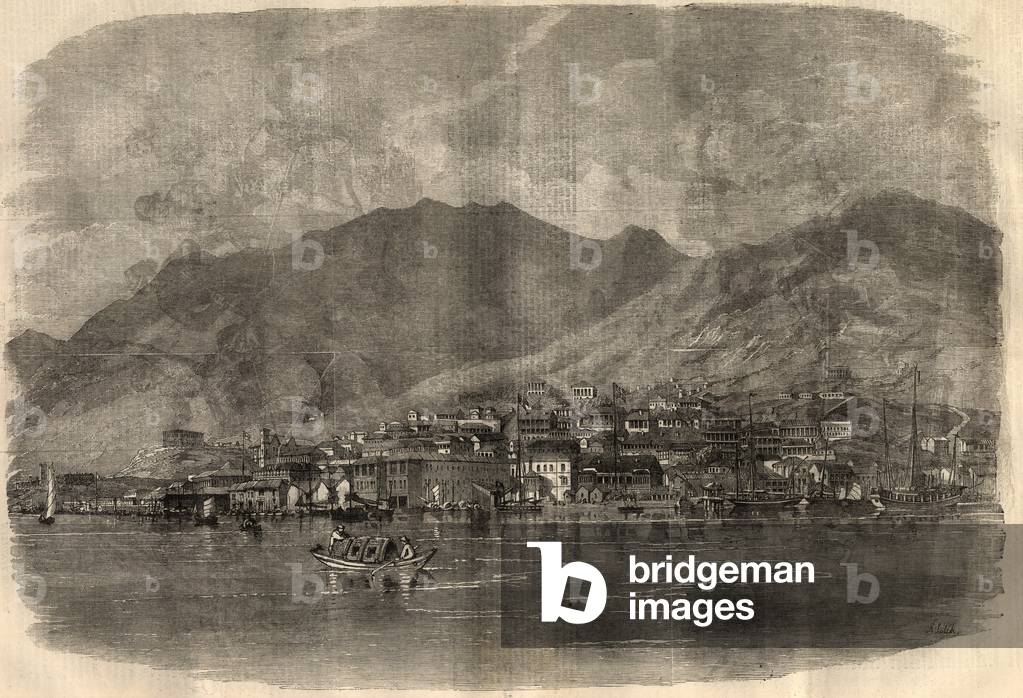 View of Victoria City in Hong Kong. Engraving In “” The Illustrated London News”” of March 14, 1857.