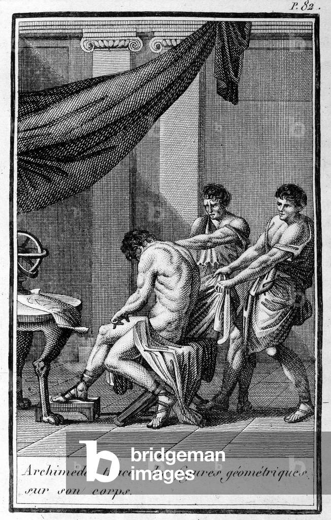Archimedes zeichnet geometrische Figuren an seinem Körper nach.